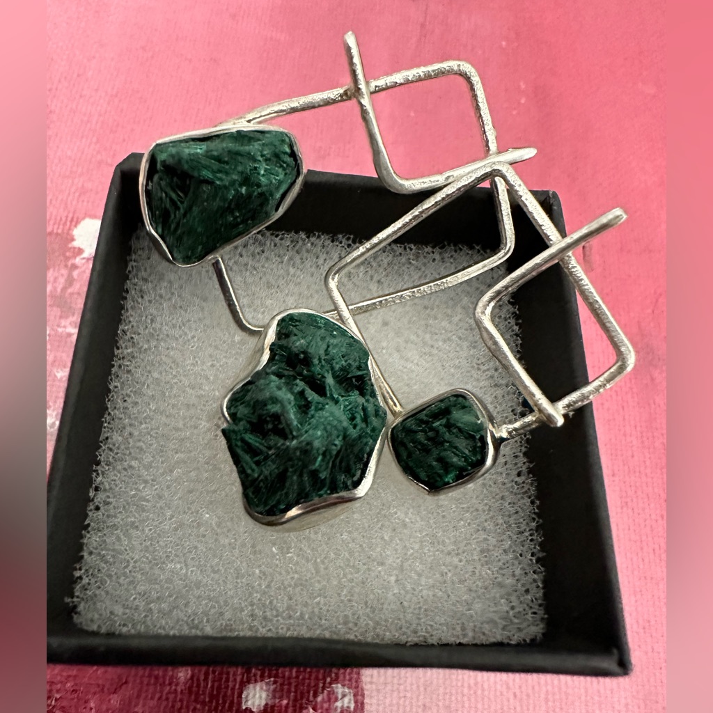 Beautiful Sterling Silver Set With Gemstone Natural Plush Malachite